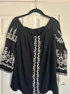 INC International Concepts Black Peasant Blouse with White Embroidery